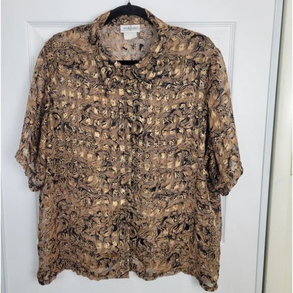 Vintage ADRIAN JORDAN Gold Floral Button Up Short Sleeves Blouse 16